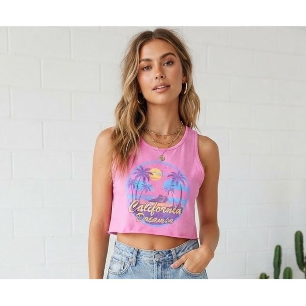 LA Hearts Pink California Dreamin Graphic Crop Tank Top Womens Small High Neck